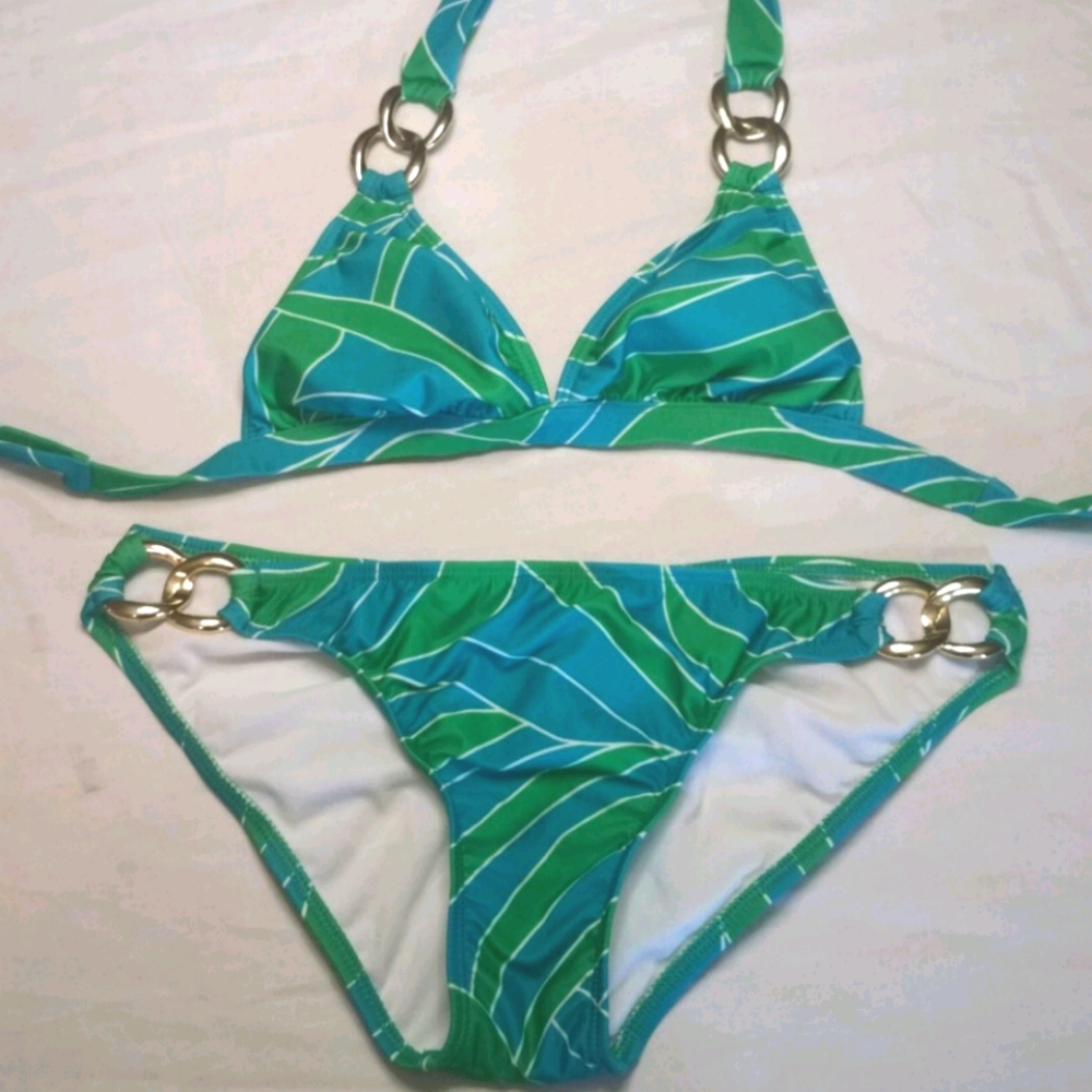 Green & Blue Print Gold Chain Bikini sz medium